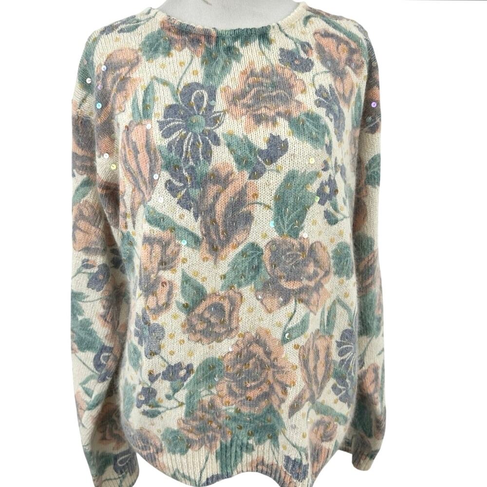 Kathie Lee Vintage Floral Sequin Sweater XL Angora Silk Lambswool Cottagecore